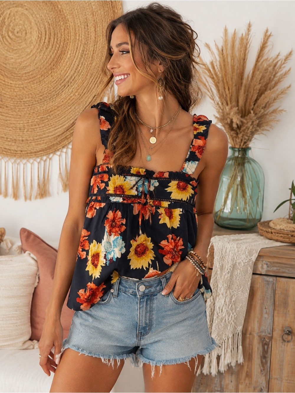B.O.G Collective Floral Tank Top Size Small Navy Boho Ruffle Cami